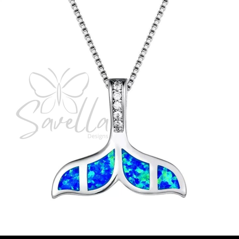 Solid Sterling Silver Blue Fire Opal Mermaid Tail | Whale Tale Pendant